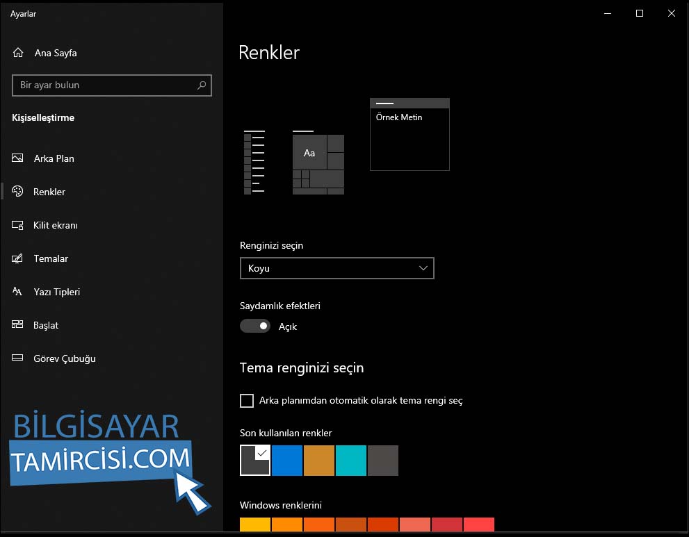 Windows 10 Renk Değiştirme için kişileştirme ayarlarından renkler menüsüne giriş yapın