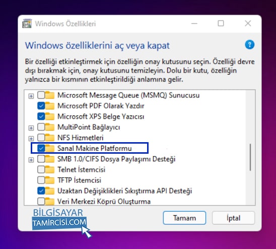 Windows 11 Sanal Makine Platformu Açma, Windows özellikleri aç veya kapat