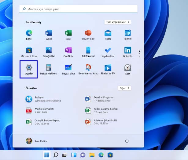 Windows 11 Bildirimleri Kapatma işleminde ilk adımda Windows 11 Ayarlar uygulamasını açıyoruz.
