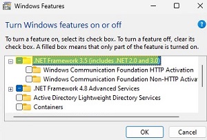 .Net Framework 3.5 yüklerken Windows özelliklerini aç ve ya kapat paneli açılınca .NET Framework 3.5 i seçiyoruz.
